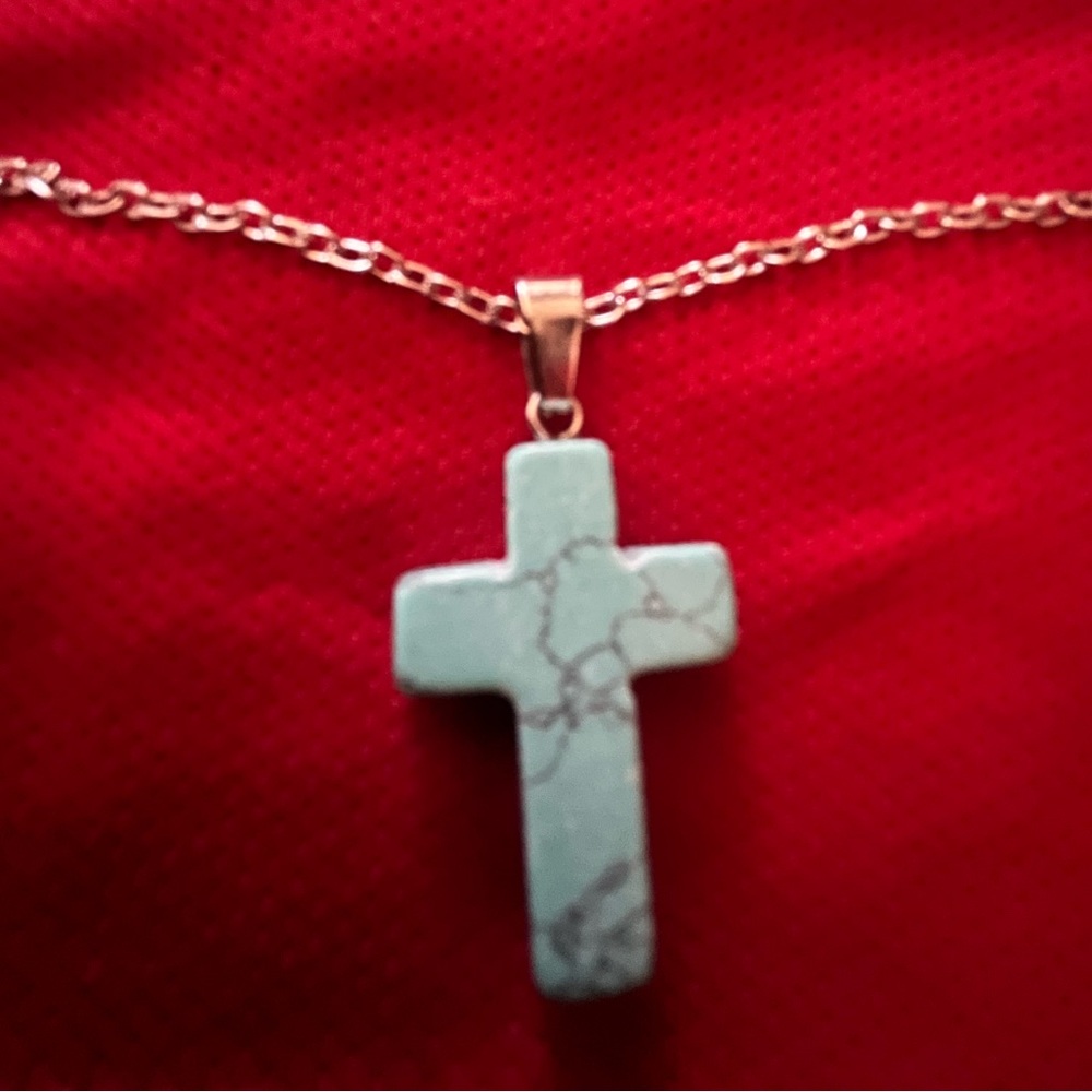 Hand Crafted Green Turquoise Cross w Chain Handmade Necklace Unisex Hand Made